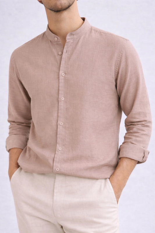 BAND COLLAR LINEN SHIRT | DUST PINK