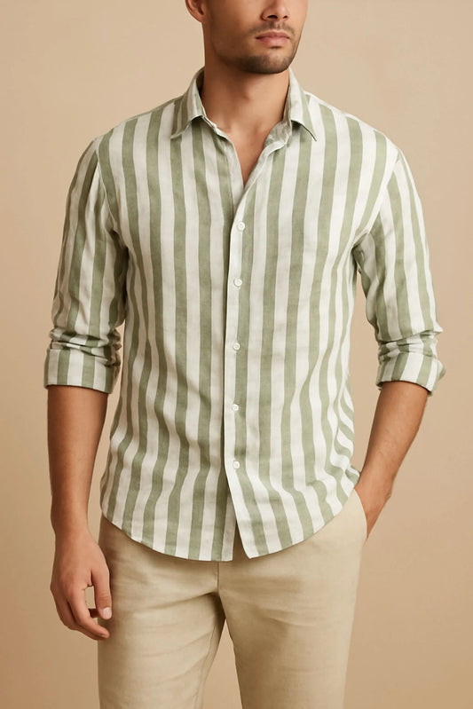 LINEN STRIPPED SHIRT | OLIVE / WHITE