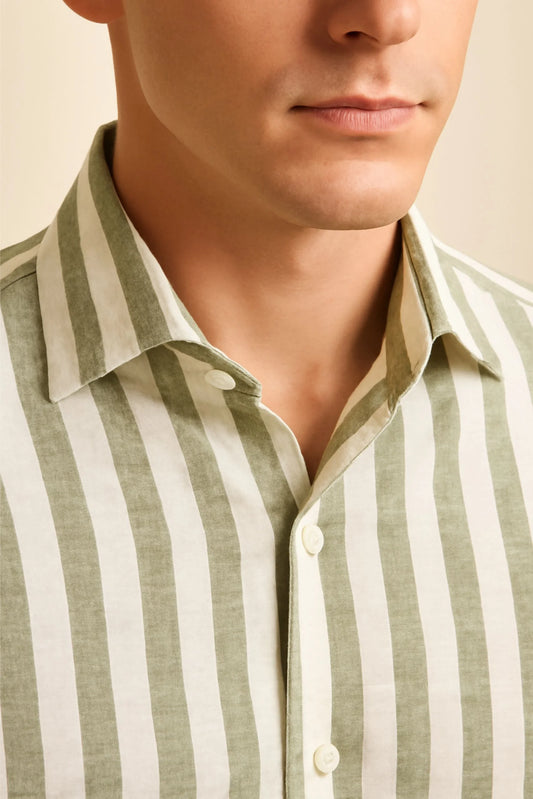 LINEN STRIPPED SHIRT | OLIVE / WHITE