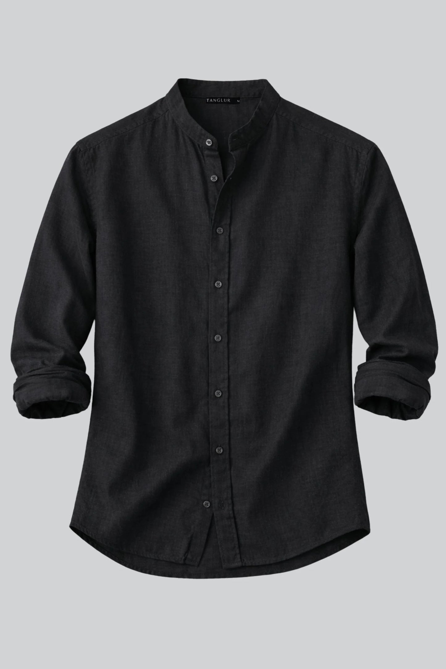 BAND COLLAR LINEN SHIRT | BLACK
