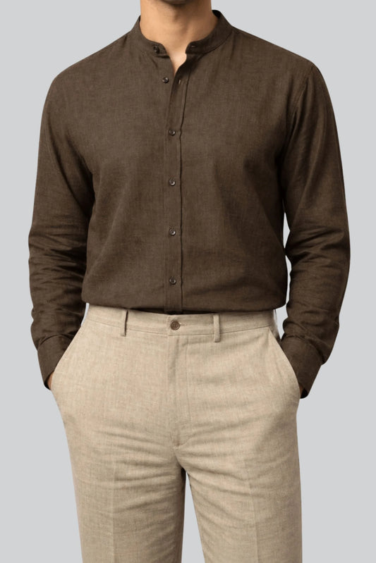 BAND COLLAR LINEN SHIRT | COFFEE BROWN