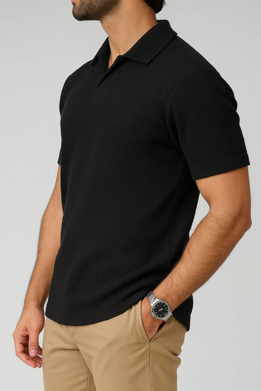 WAFFLE KNIT POLO | BLACK