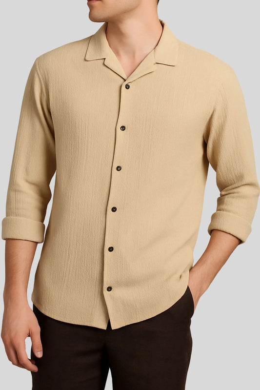 CRINKLE CUBAN COLLAR SHIRT | BEIGE