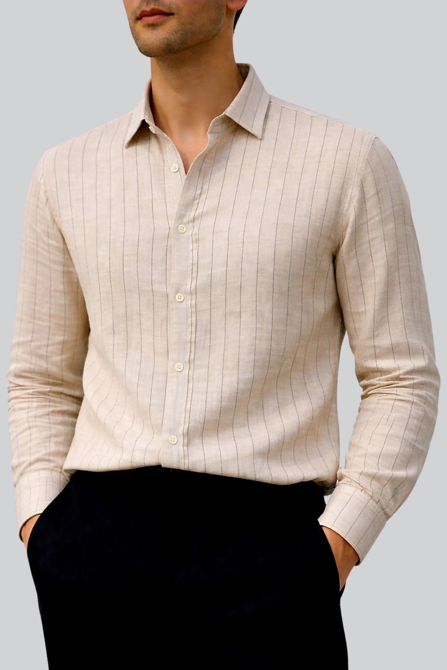 LINEN STRIPED SHIRT | BEIGE / BLACK