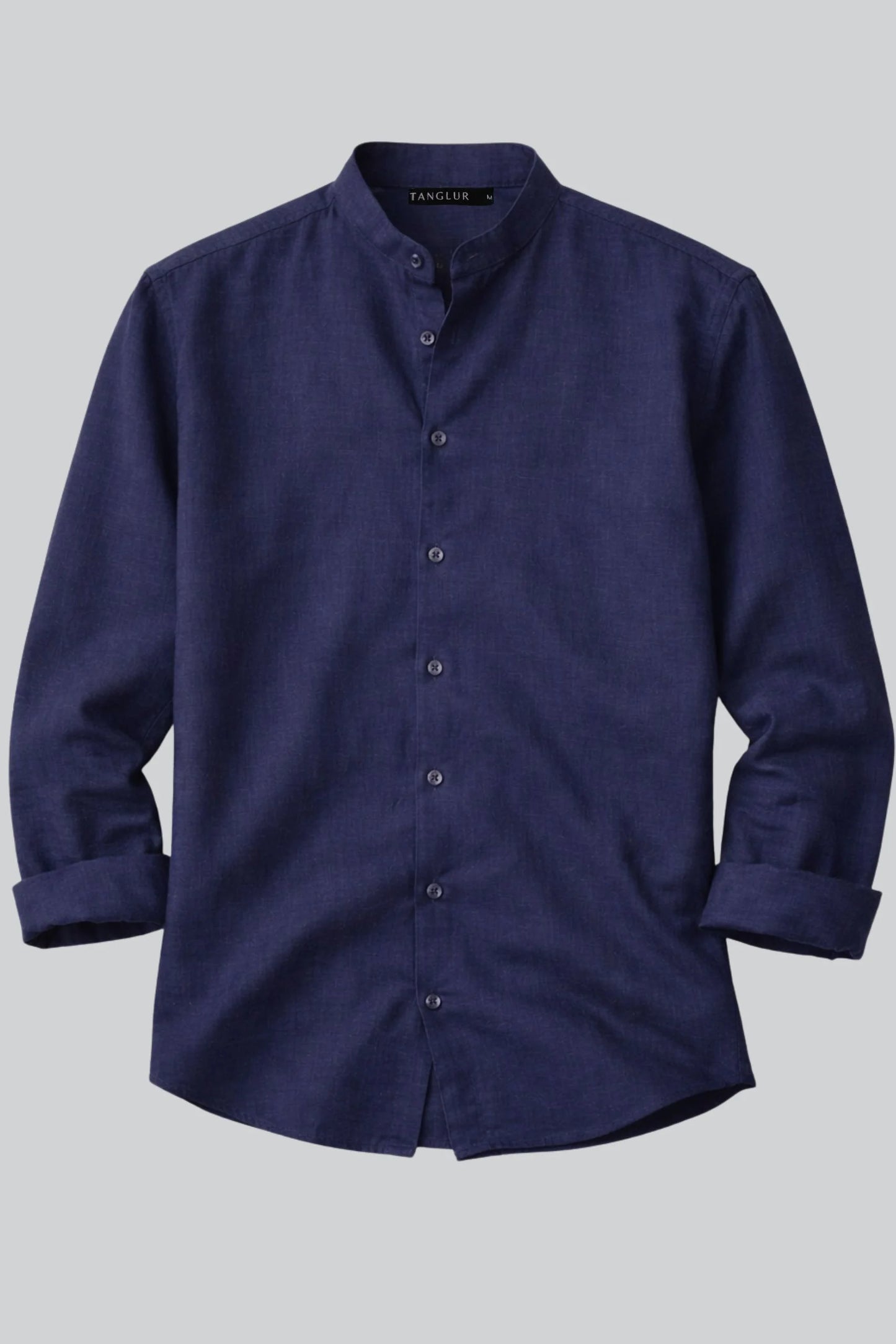 BAND COLLAR LINEN SHIRT | NAVY