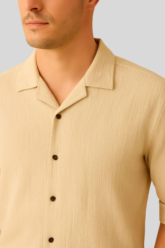 CRINKLE CUBAN COLLAR SHIRT | BEIGE
