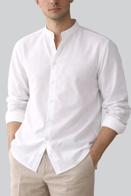 BAND COLLAR LINEN SHIRT | WHITE