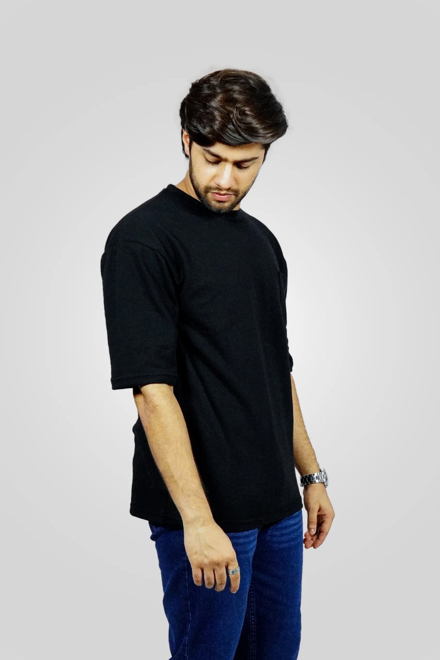 BLACK TEXTURED DROP SHOULDER T-SHIRT (TS06)