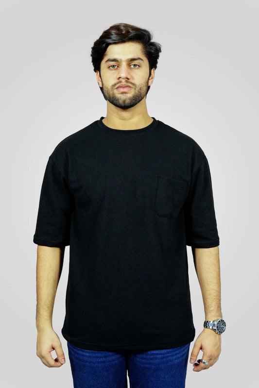 BLACK TEXTURED DROP SHOULDER T-SHIRT (TS06)