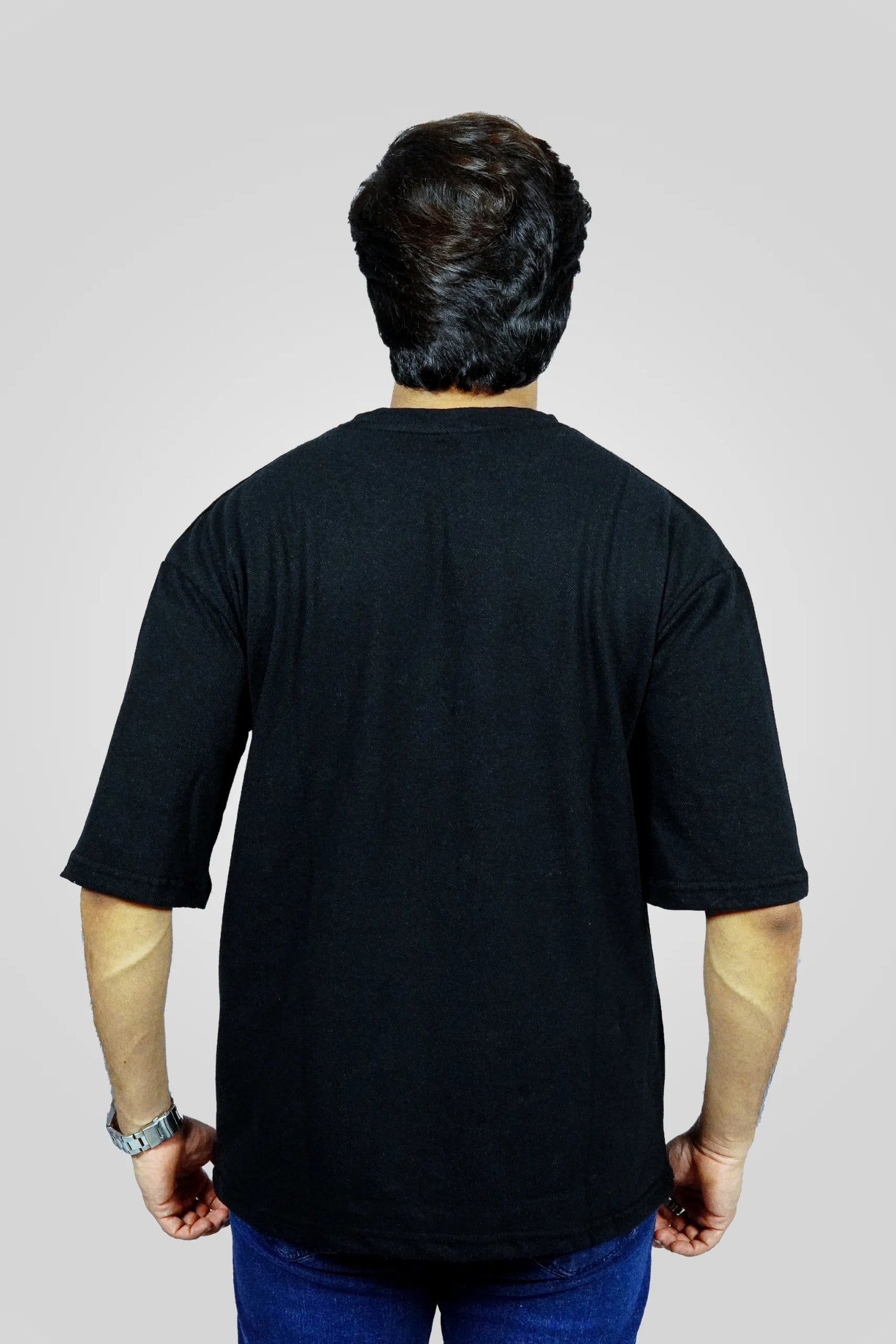 BLACK TEXTURED DROP SHOULDER T-SHIRT (TS06)