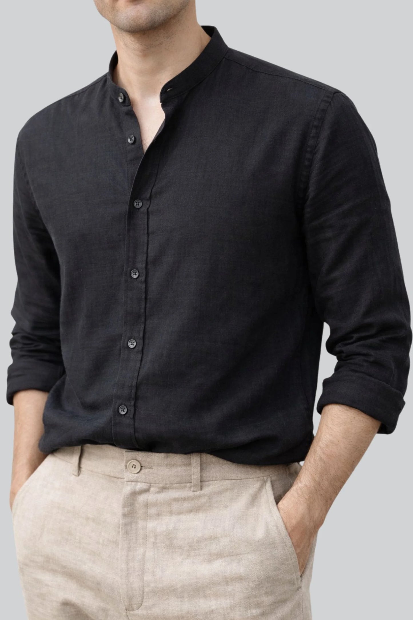 BAND COLLAR LINEN SHIRT | BLACK