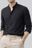 BAND COLLAR LINEN SHIRT | BLACK