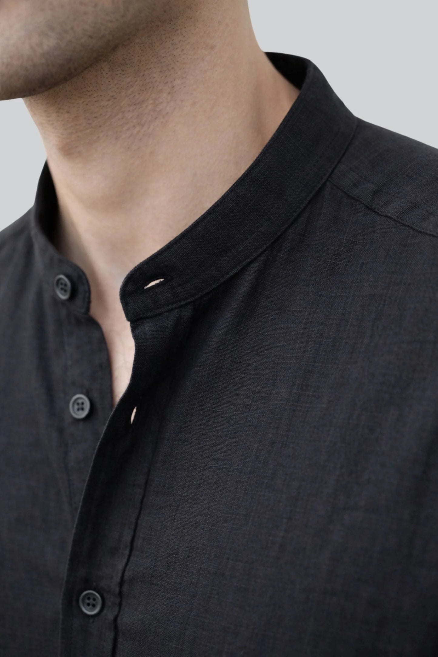 BAND COLLAR LINEN SHIRT | BLACK
