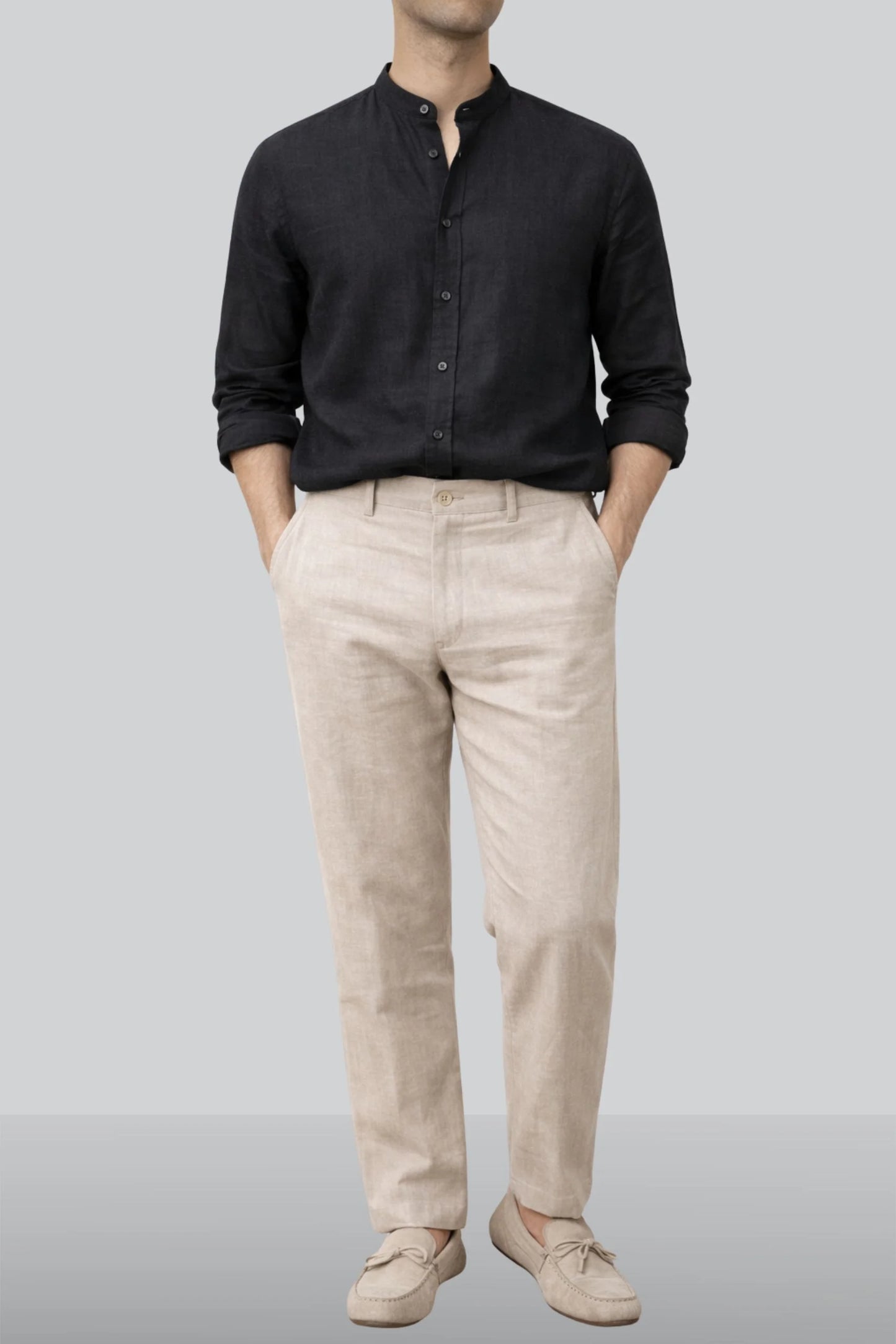 BAND COLLAR LINEN SHIRT | BLACK