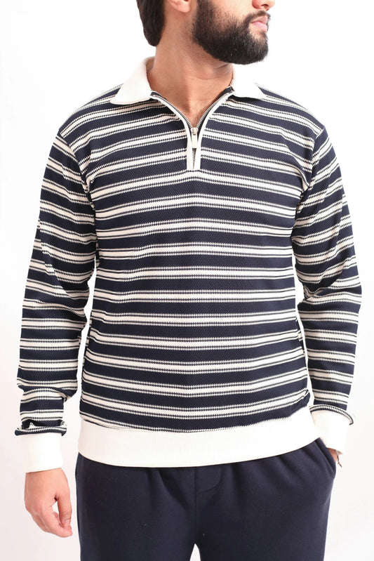 KNITTED ZIPPER POLO SWEATSHIRT | NAVY / WHITE