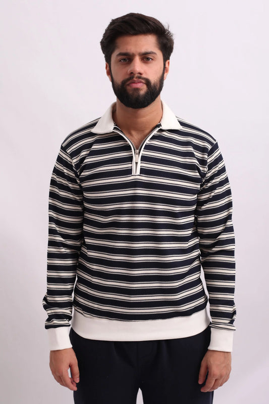 KNITTED ZIPPER POLO SWEATSHIRT | NAVY / WHITE