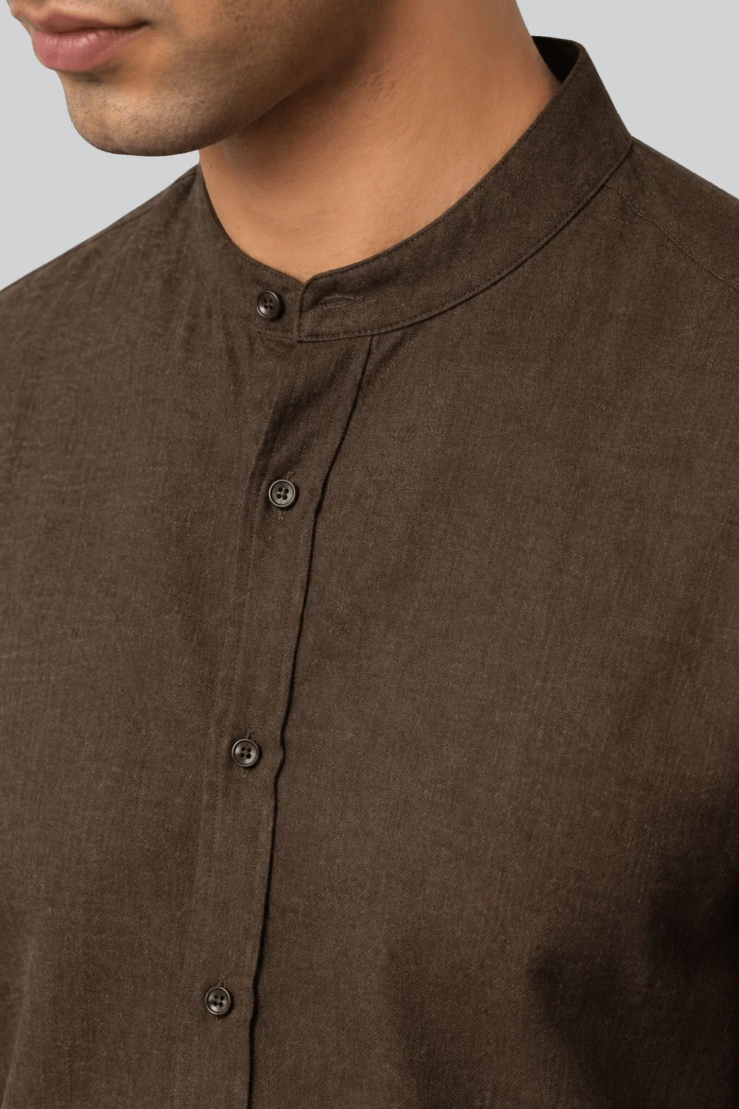 BAND COLLAR LINEN SHIRT | COFFEE BROWN