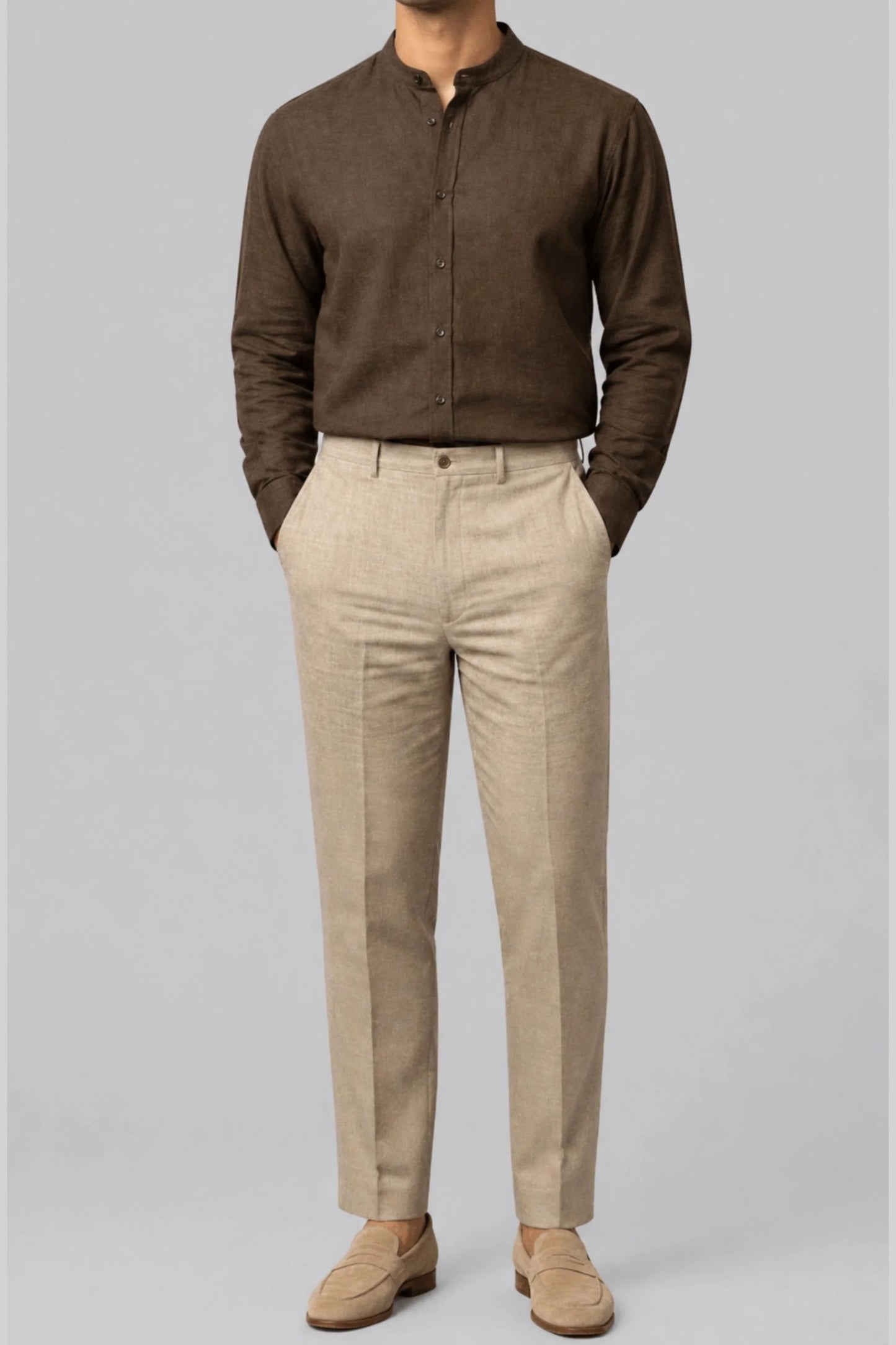 BAND COLLAR LINEN SHIRT | COFFEE BROWN