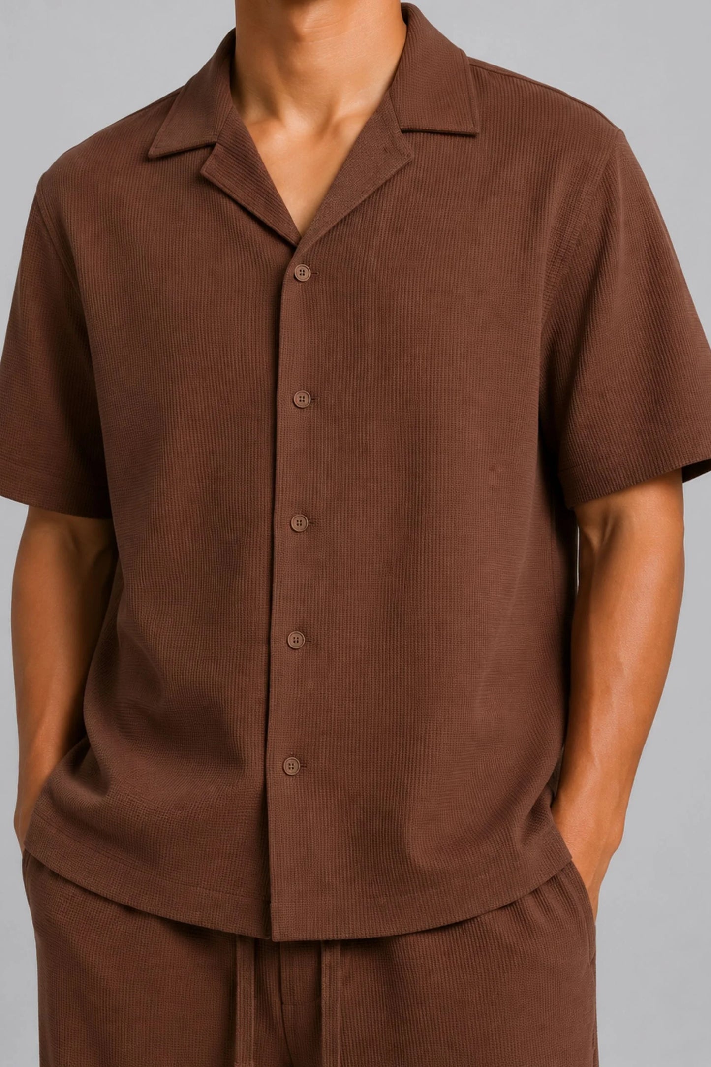 RESORT COLLAR WAFFLE SHIRT | COCO BROWN