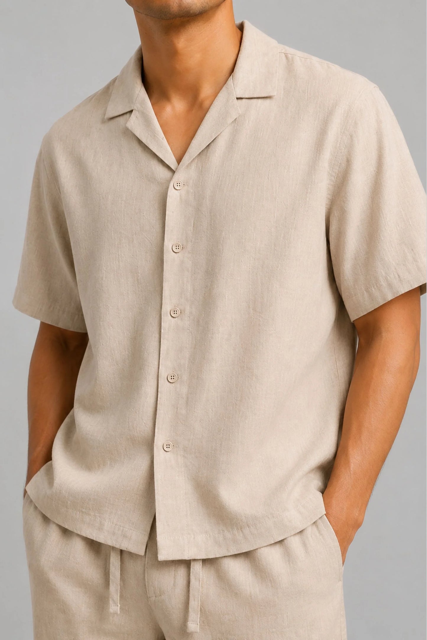 RESORT COLLAR LINEN SHIRT | BEIGE