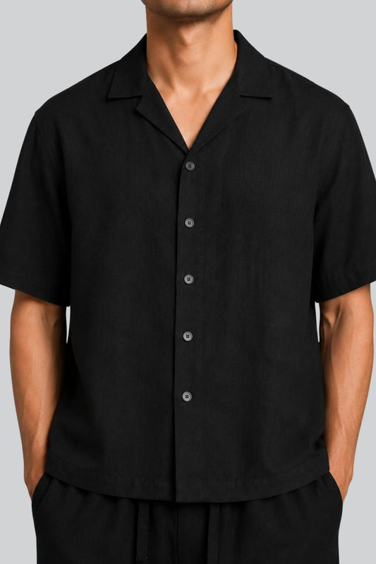 RESORT COLLAR LINEN SHIRT | BLACK