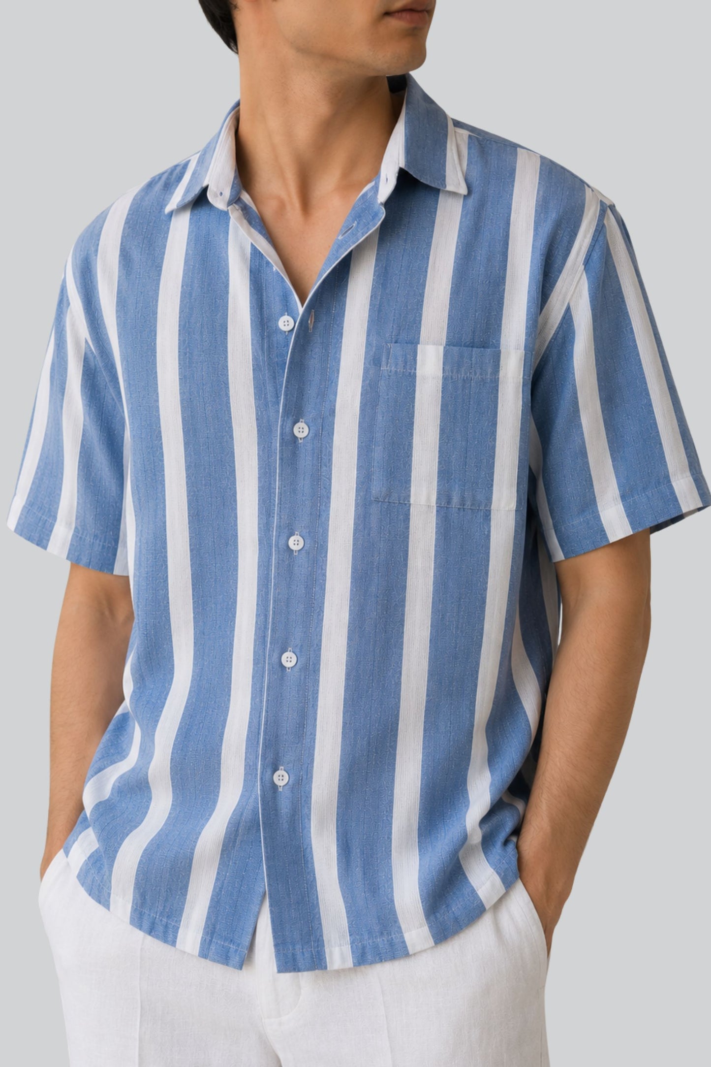 BOXY FIT SRIPED SHIRT | MIST BLUE