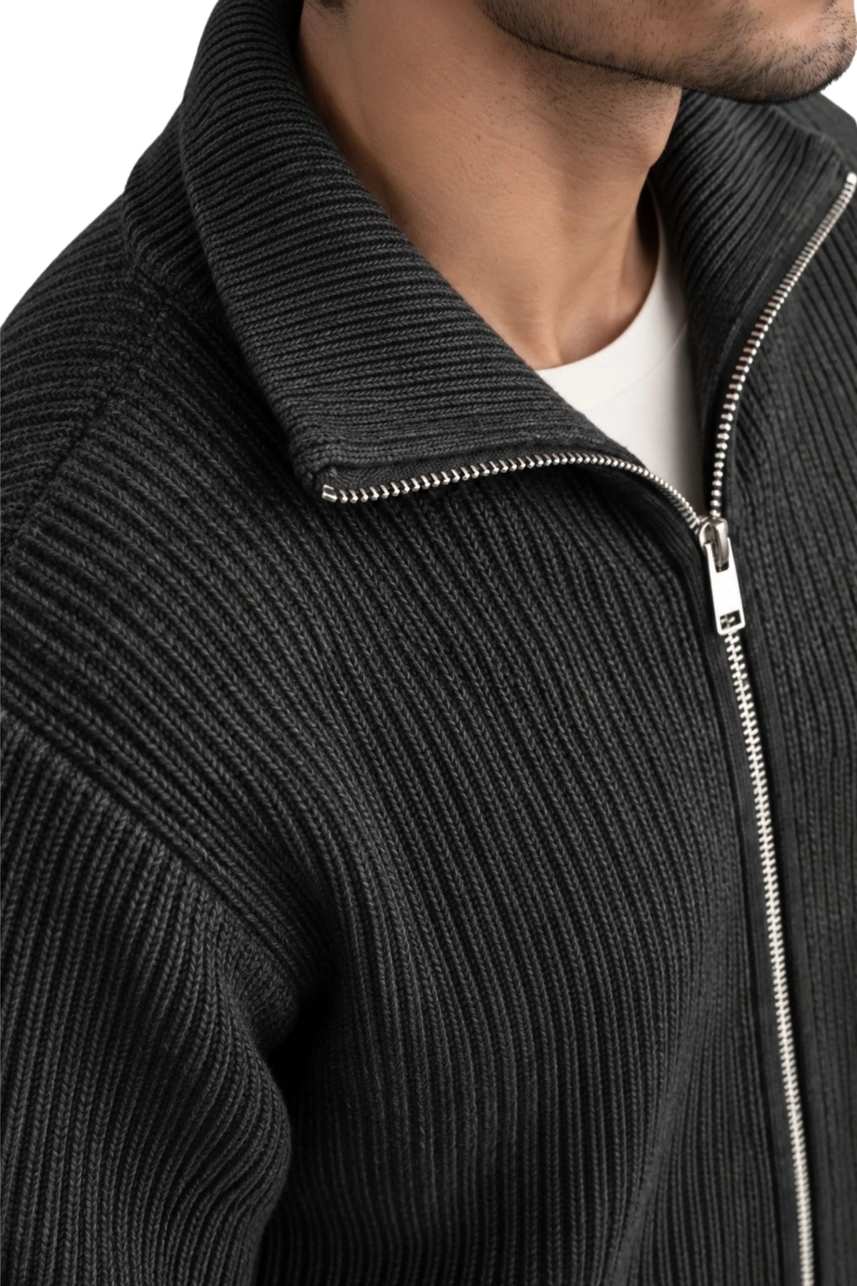 KNITTED DOUBLE ZIPPER SWEATER | CHARCOAL