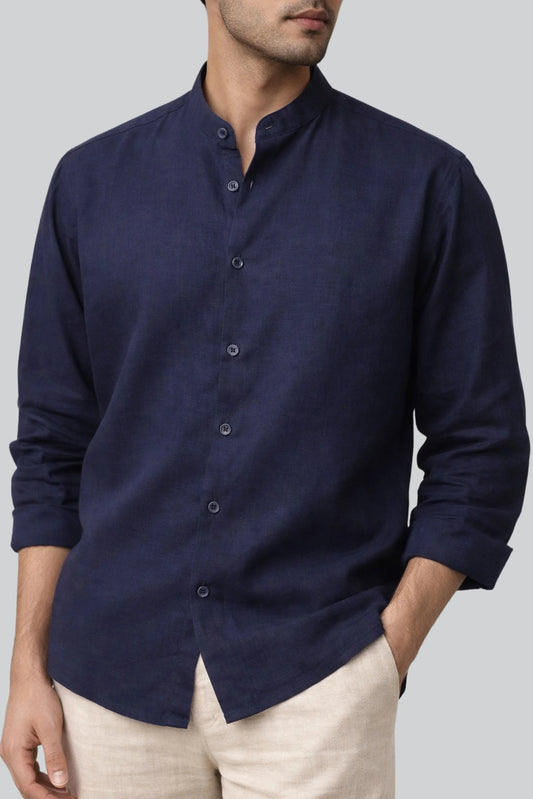 BAND COLLAR LINEN SHIRT | NAVY