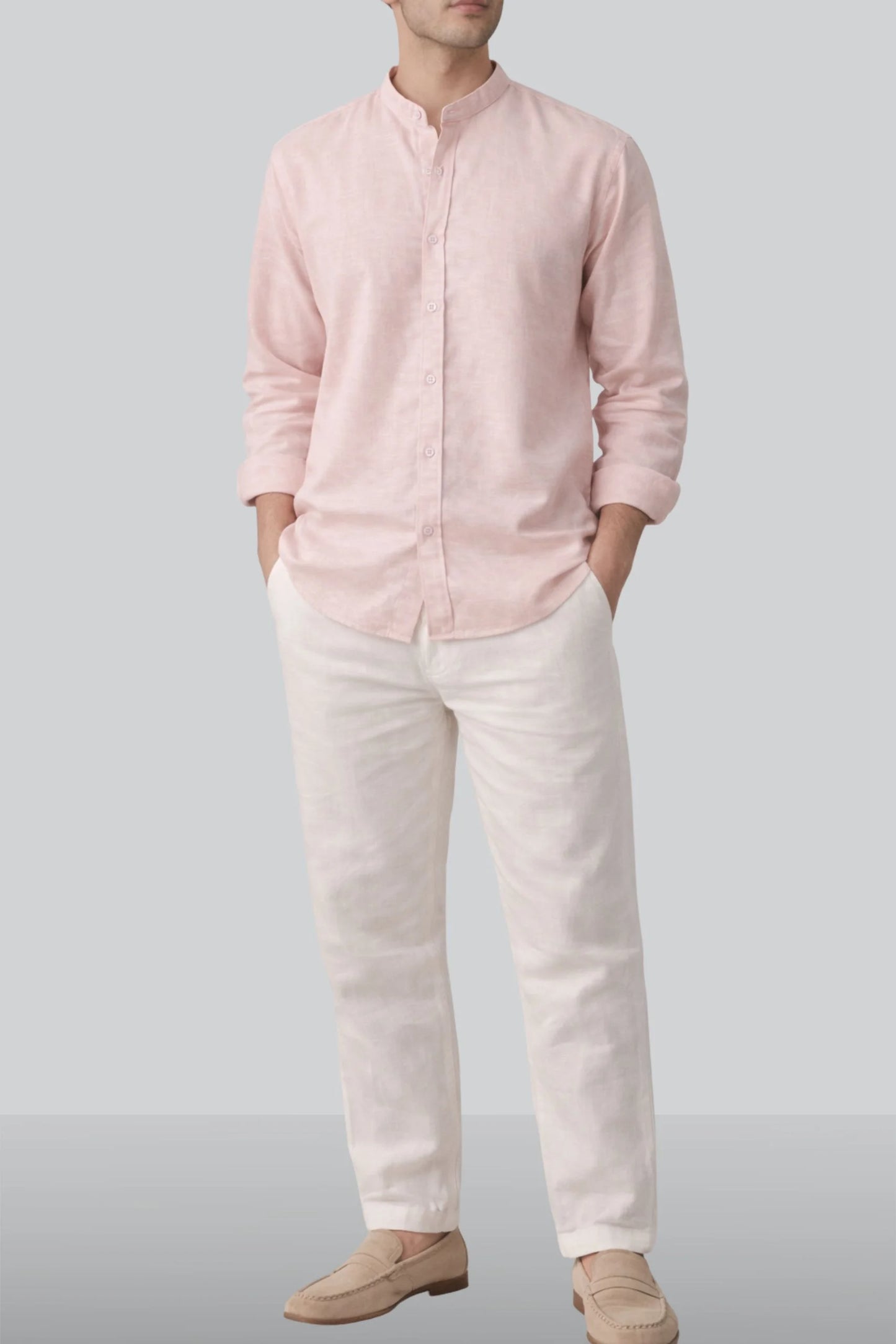 BAND COLLAR LINEN SHIRT | TEA PINK