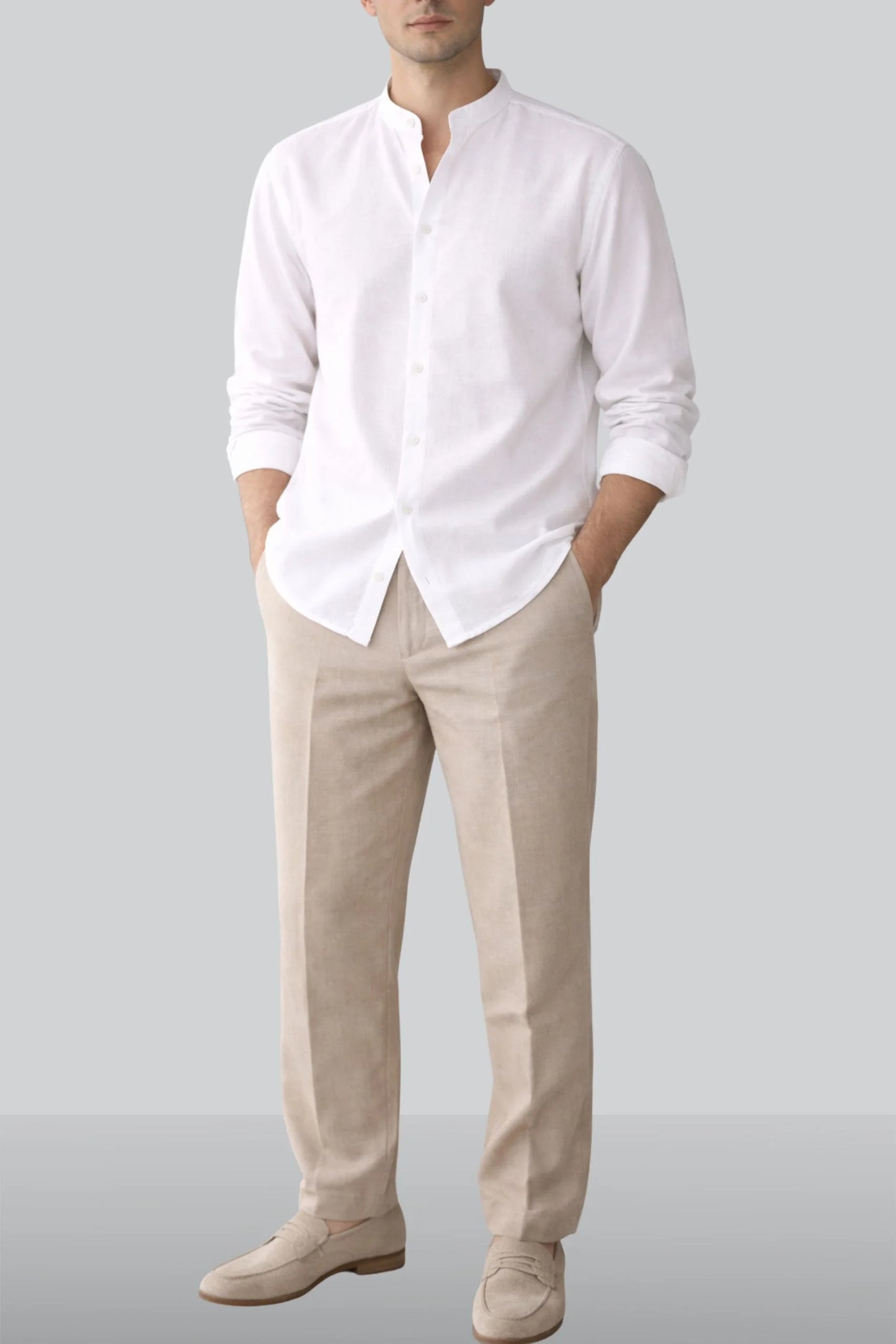 BAND COLLAR LINEN SHIRT | WHITE