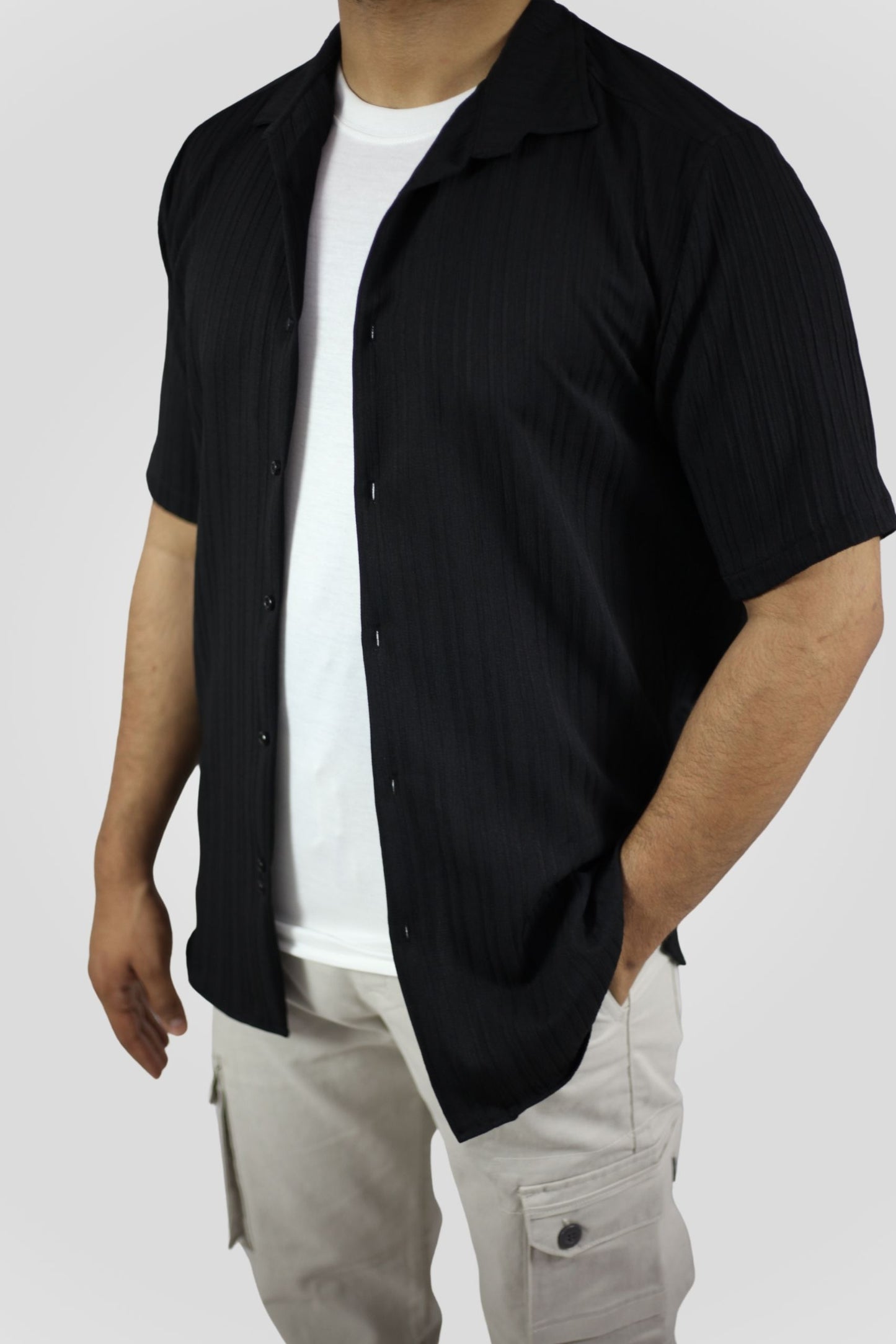 BLACK CRINKLE LINING CUBAN SHIRT