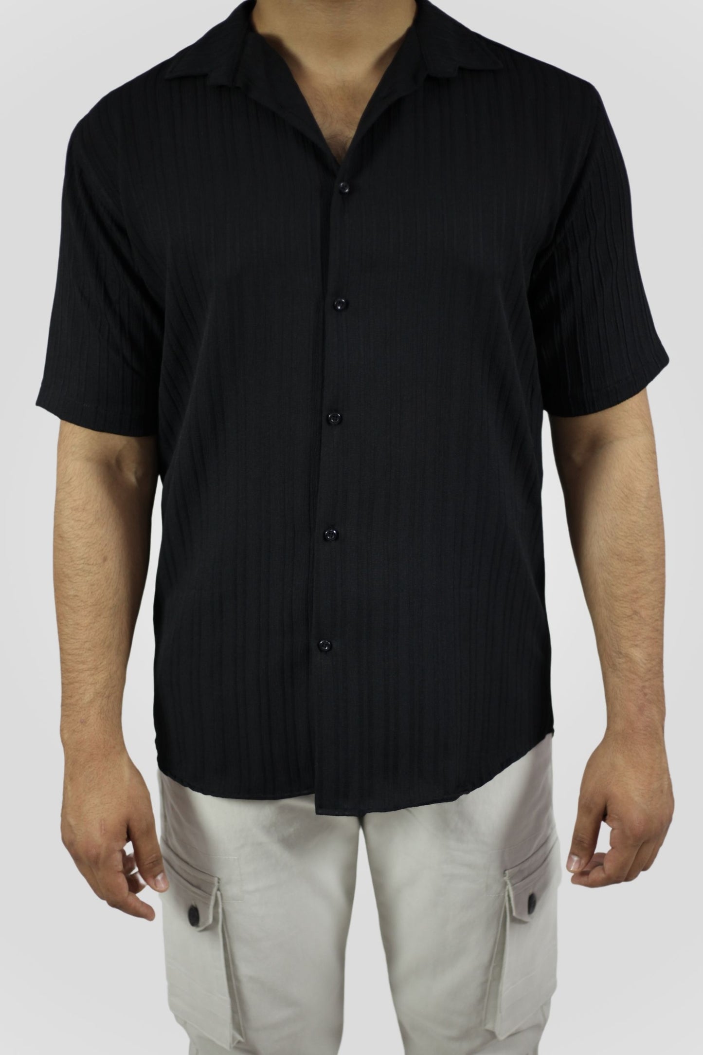 BLACK CRINKLE LINING CUBAN SHIRT