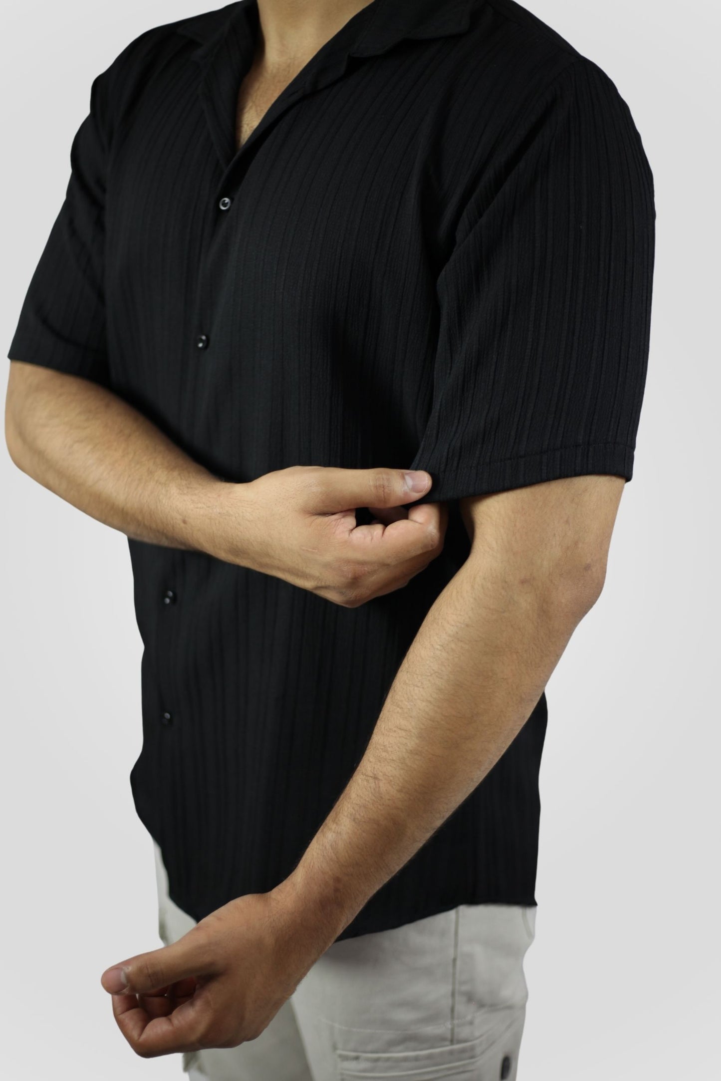 BLACK CRINKLE LINING CUBAN SHIRT