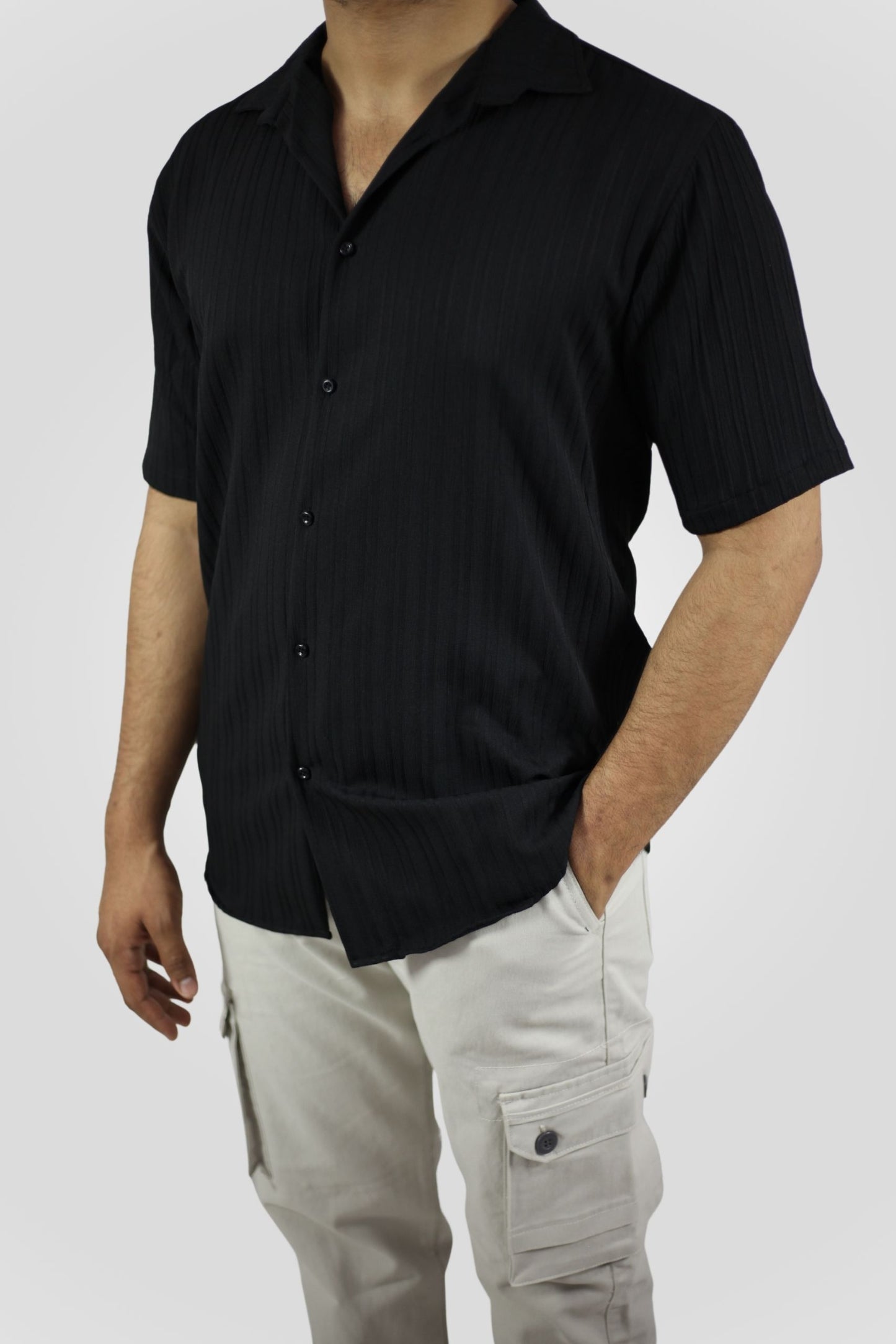 BLACK CRINKLE LINING CUBAN SHIRT