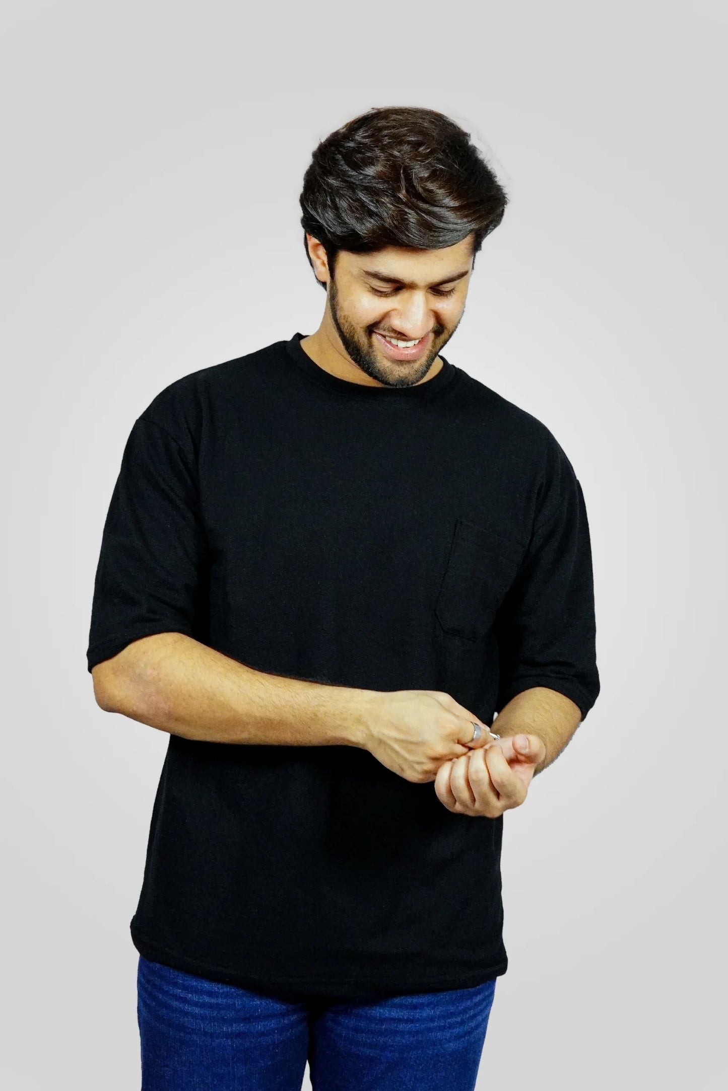 BLACK TEXTURED DROP SHOULDER T-SHIRT (TS06)