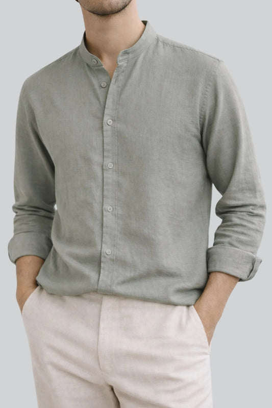 BAND COLLAR LINEN SHIRT | SAGE GREEN