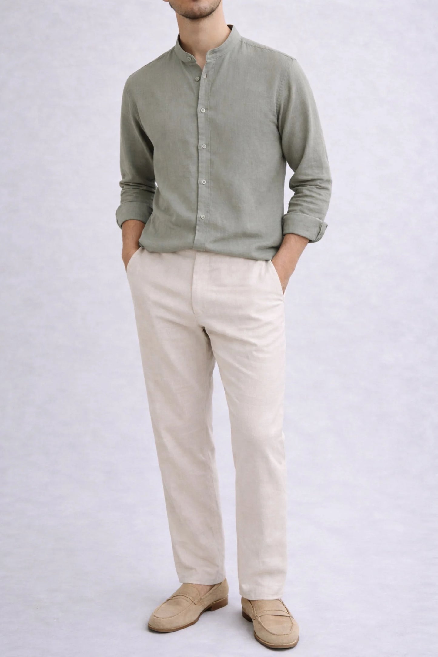 BAND COLLAR LINEN SHIRT | SAGE GREEN