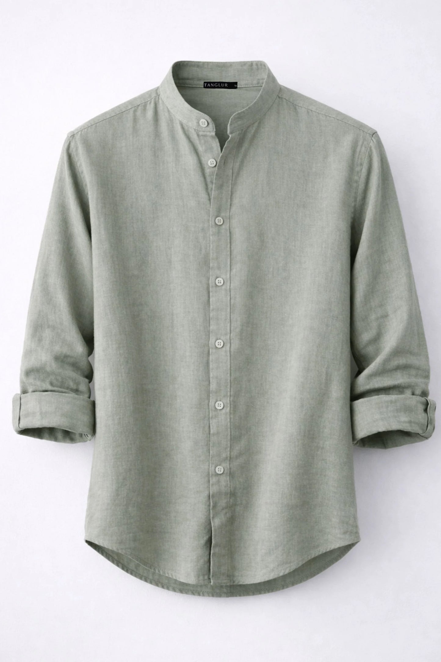 BAND COLLAR LINEN SHIRT | SAGE GREEN