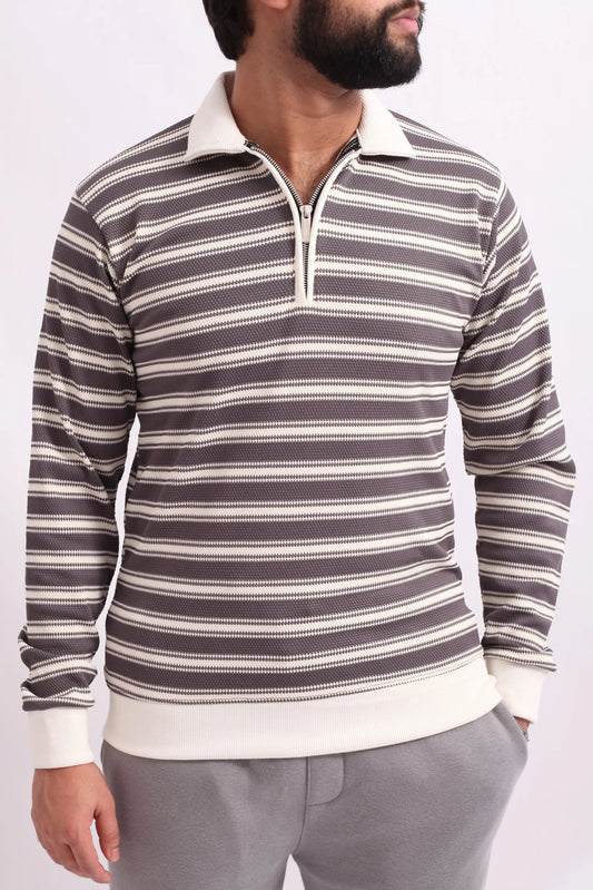 KNITTED ZIPPER POLO SWEATSHIRT | GREY / WHITE